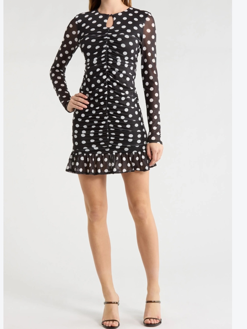 AFRM NWT Antoinette polka dot ruched LS ruffle hem mini dress sz small